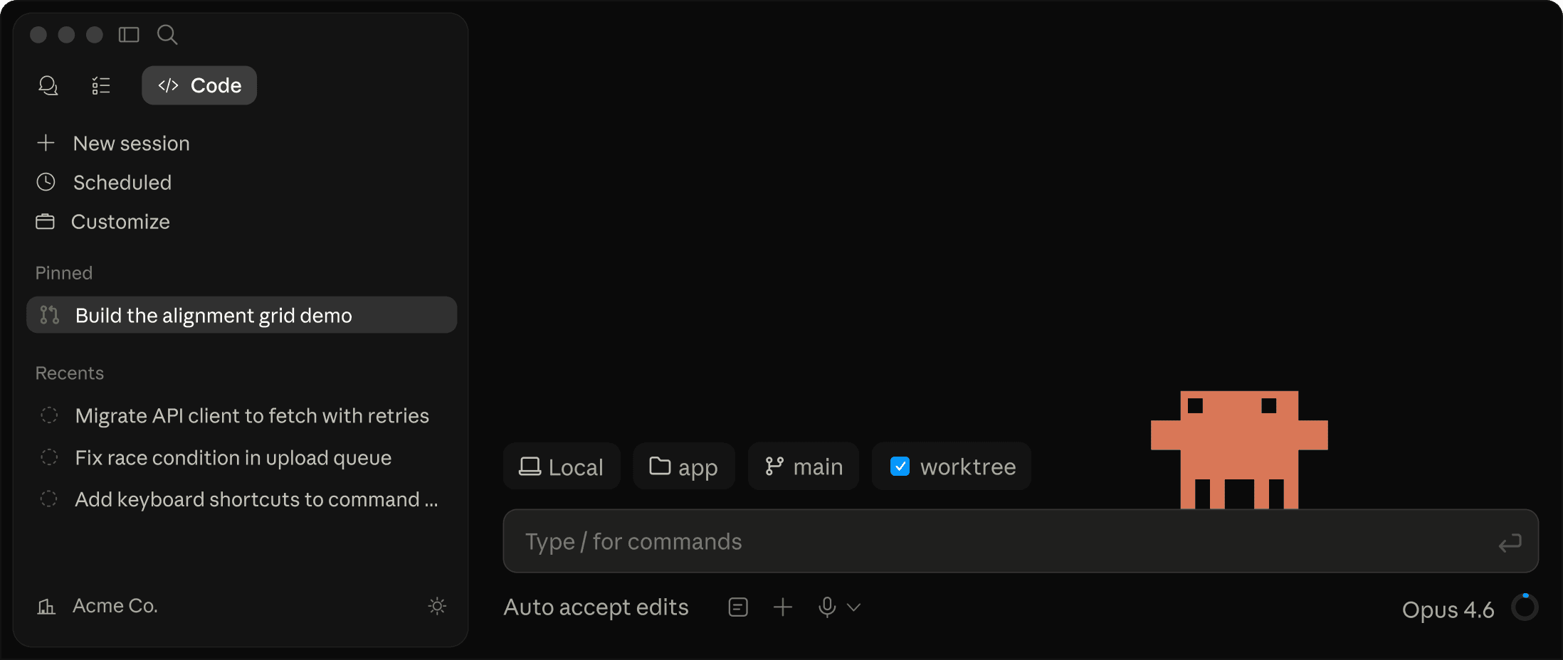 Official Claude Code product page screenshot. Shows desktop app with Code tab.