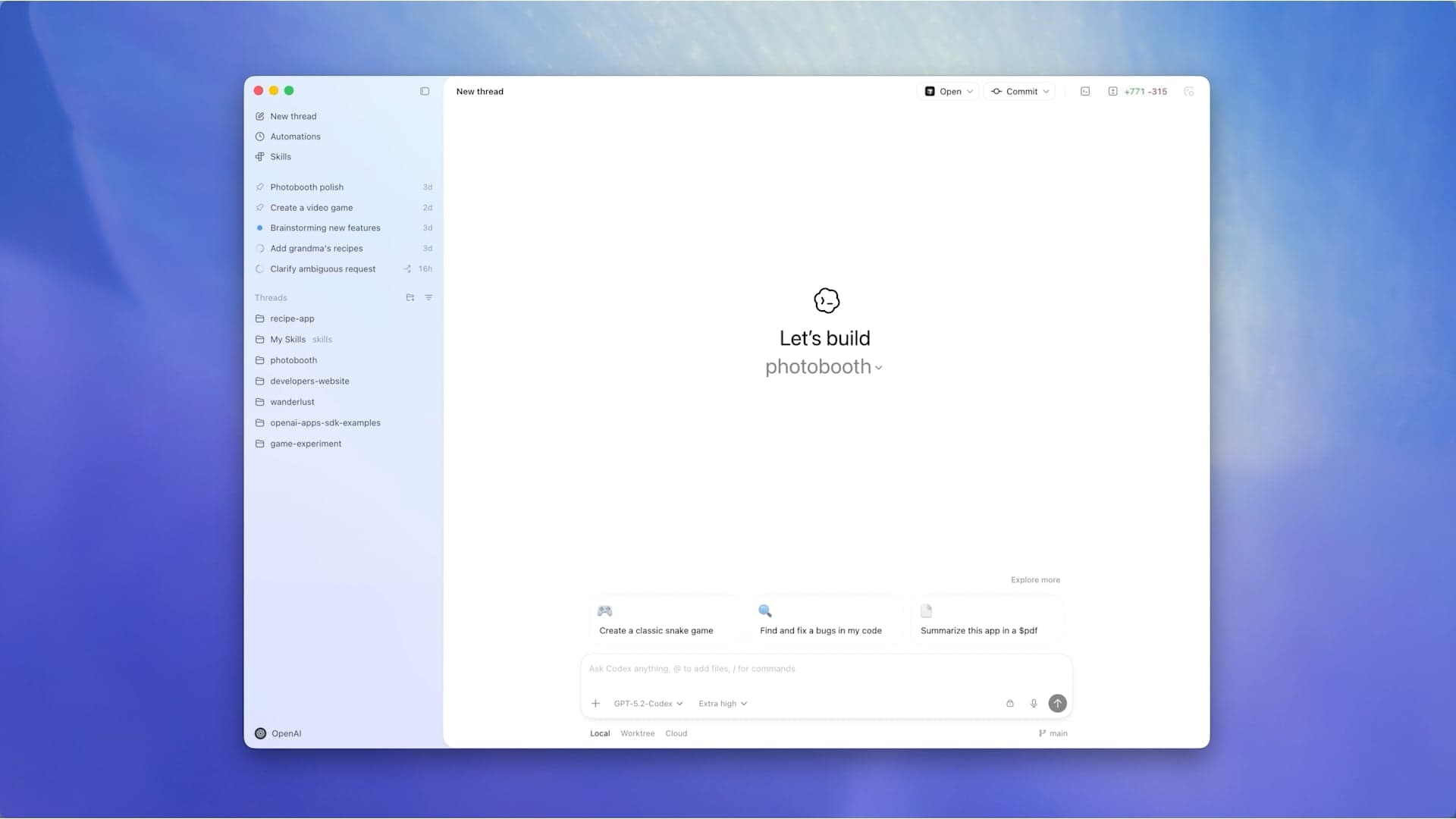 Frame from the official «Introducing the Codex app» demo (OpenAI Vimeo poster). Alt text: Codex app with thread sidebar, automations and model picker.