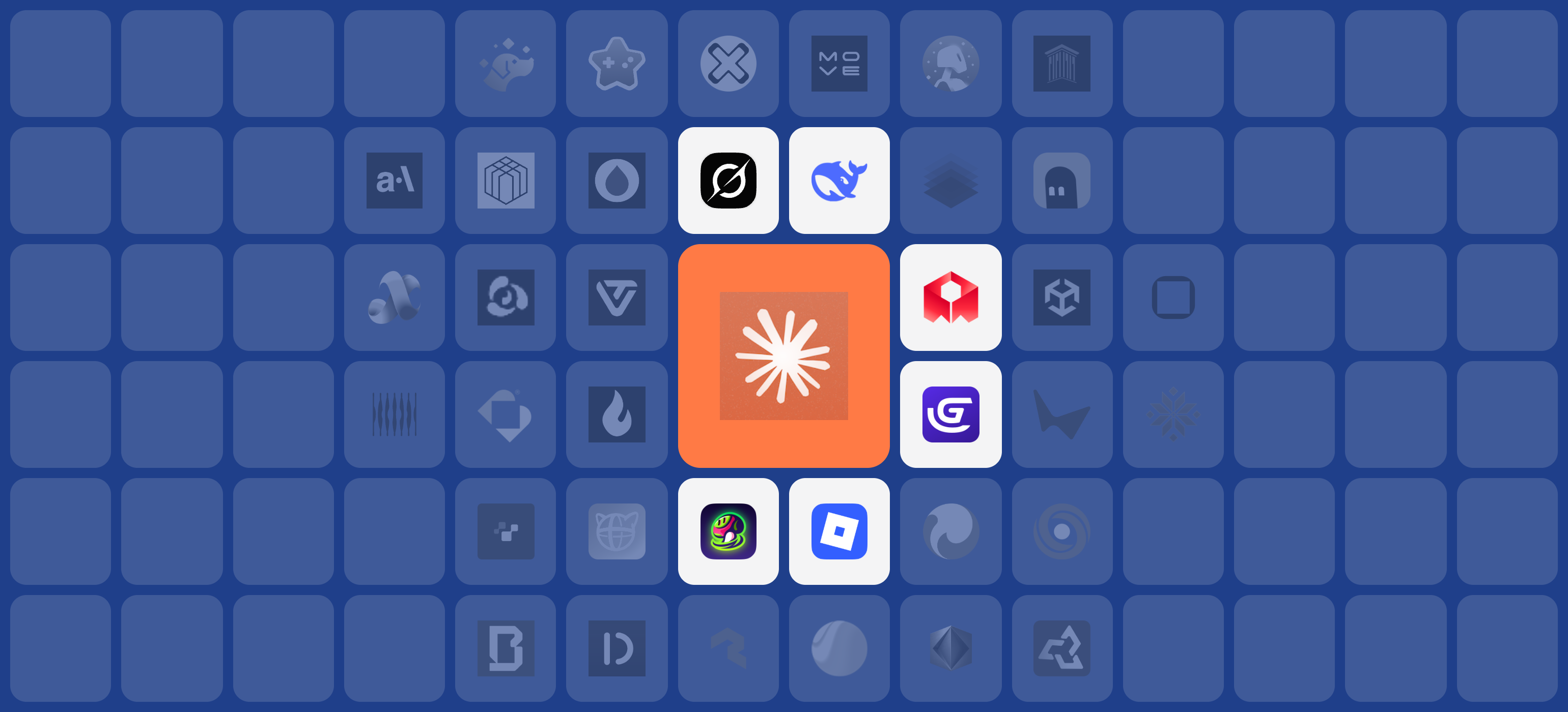 Логотипы ИИ-сервисов для игр: Claude крупно в центре, вокруг Grok, DeepSeek, Rosebud AI, GDevelop, Roblox AI и Meshy
