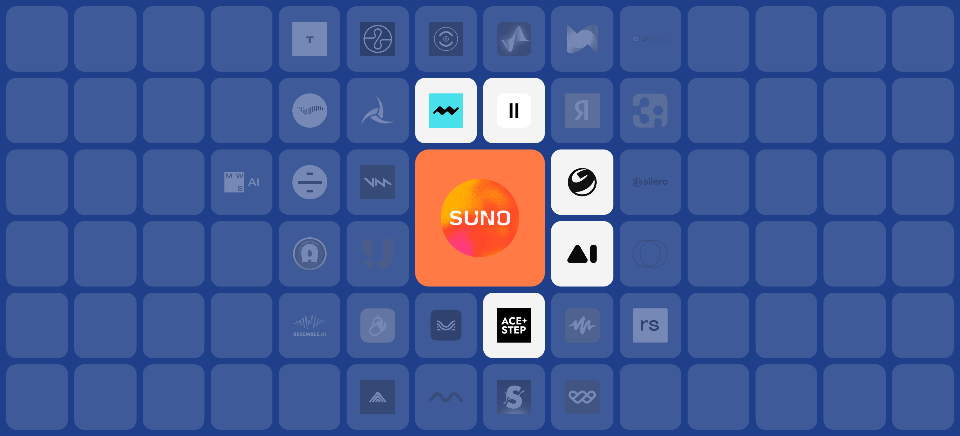 Логотипы нейросетей для голоса и музыки: Suno крупно в центре, вокруг Mureka, ElevenLabs, ГигаЧат, GPTunneL и ACE-Step