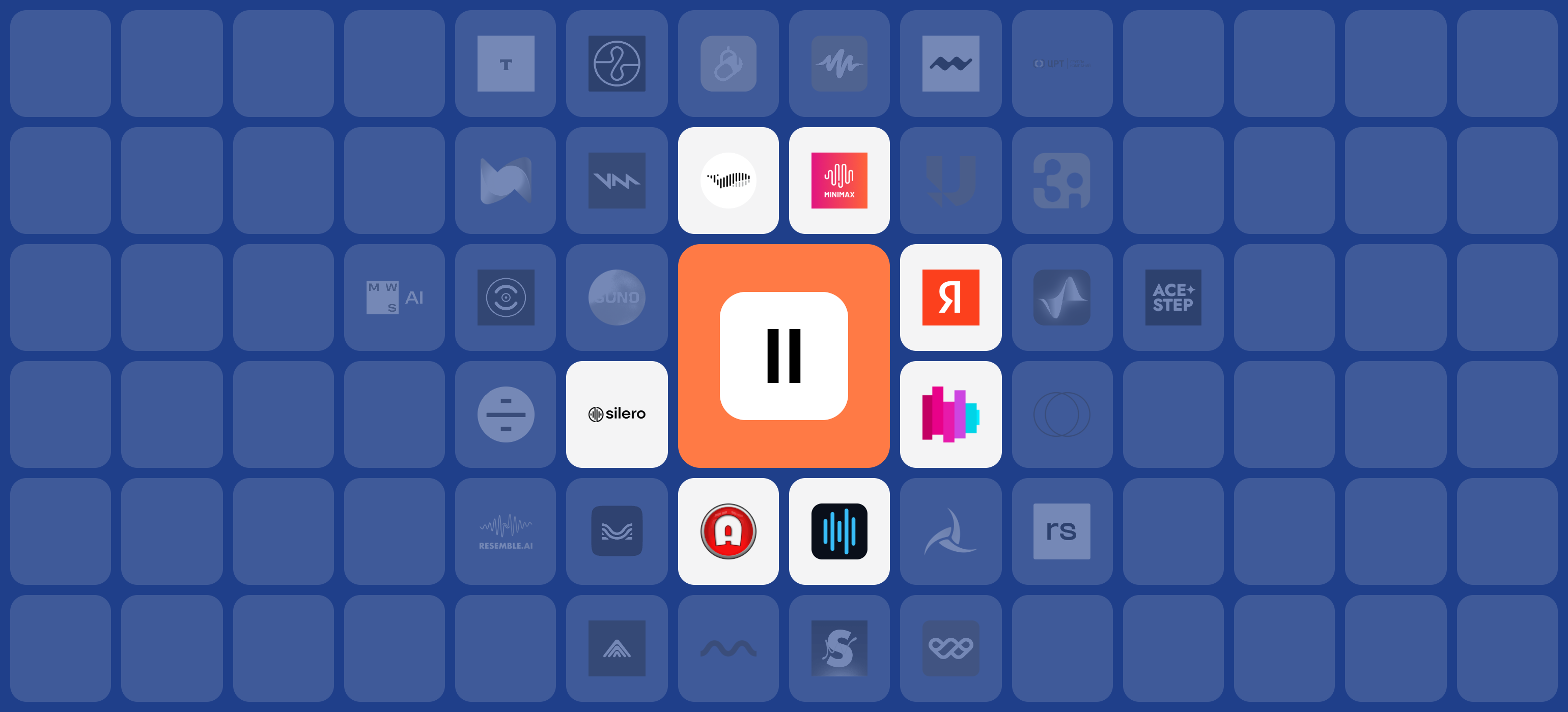 Логотипы нейросетей для голоса и музыки: ElevenLabs крупно в центре, вокруг Fish Audio, MiniMax Audio, Yandex SpeechKit, Zvukogram, Timbrica, Apihost и Silero