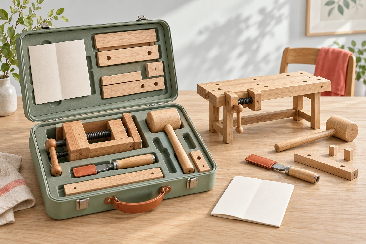 Открытый кейс с деревянными инструментами и деталями. Рядом на другом месте стола из такого же комплекта собран мини-верстак