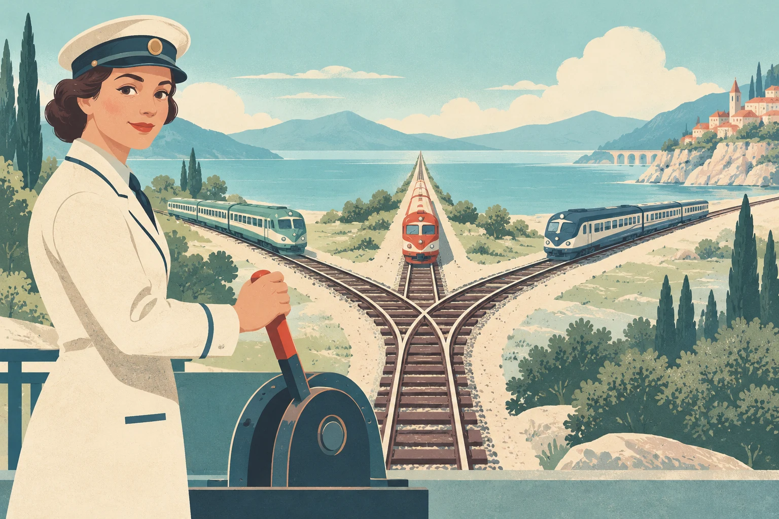 Светлая иллюстрация в стиле ар-деко: диспетчер держит рычаг, задающий общий маршрут трём разным поездам