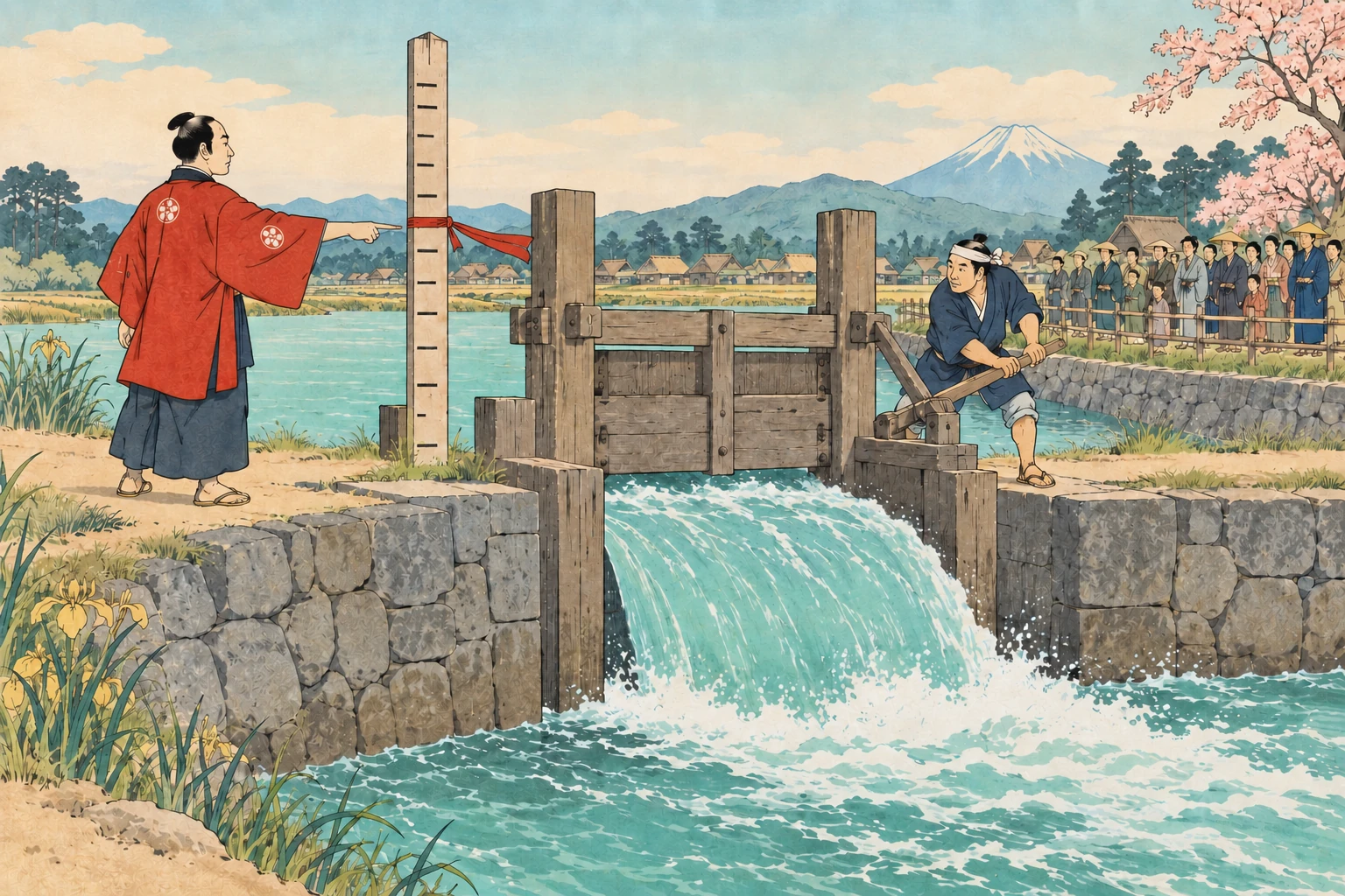 Светлая гравюра в стиле ukiyo-e: смотритель показывает отметку уровня воды на столбе, а мастер регулирует деревянный шлюз перед наплывом