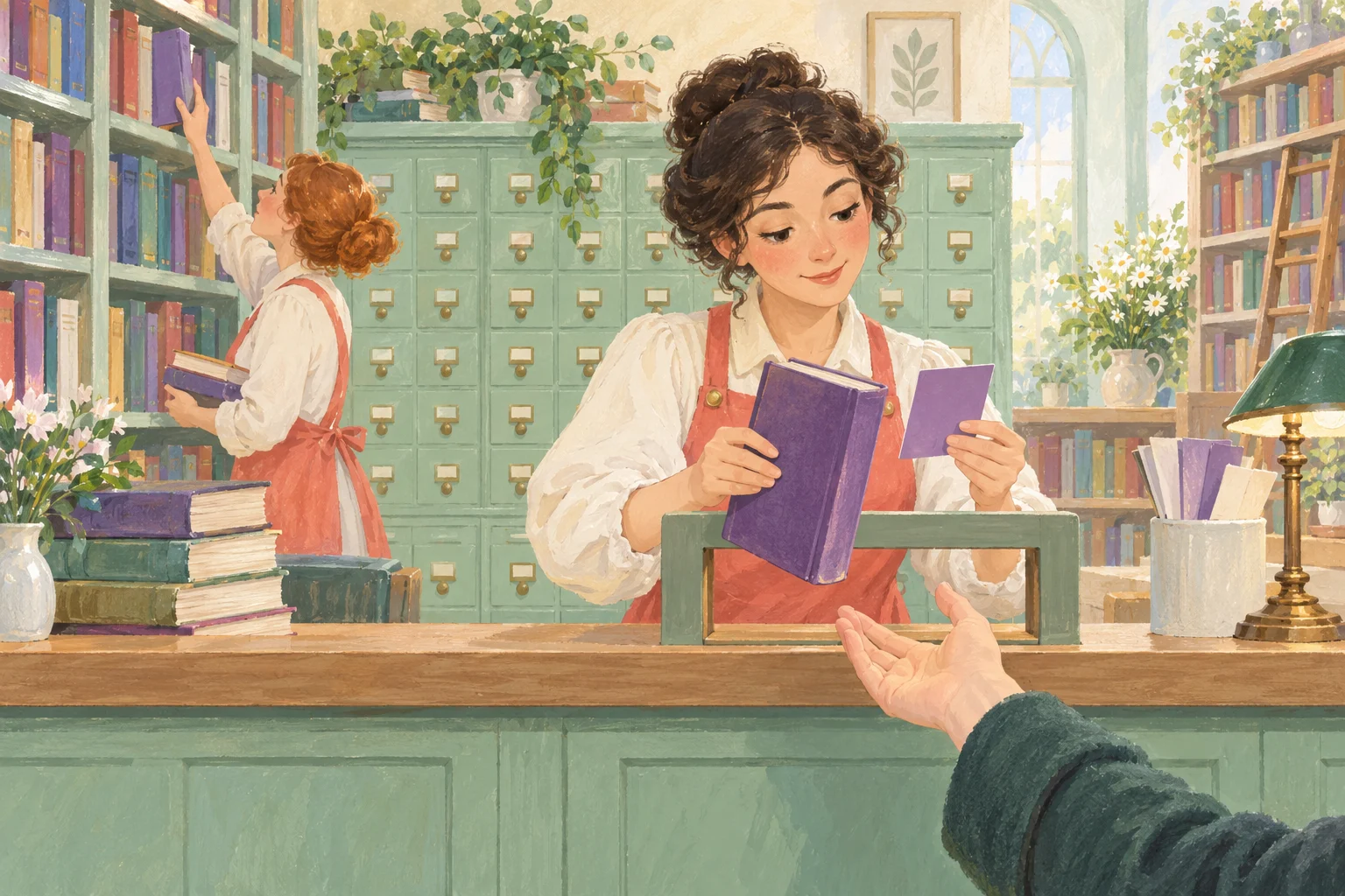Светлая гуашевая библиотека: библиотекарь сверяет фиолетовую книгу с карточкой перед выдачей через простое окно, за спиной мятный каталог и полки