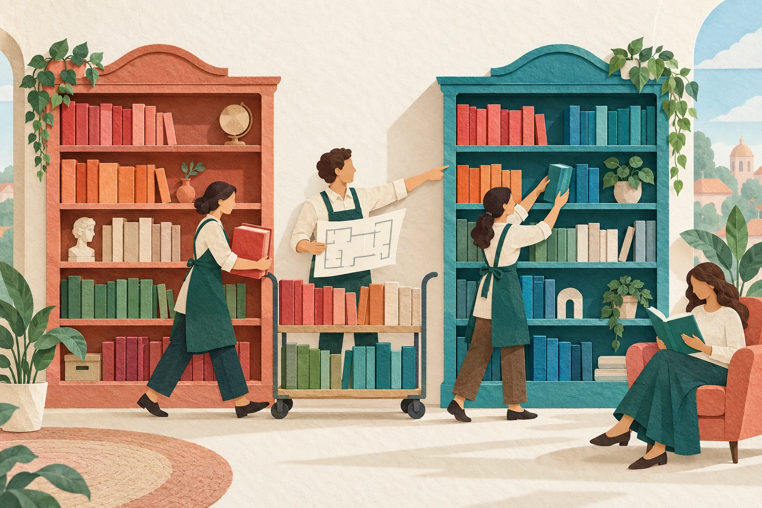 Бумажный коллаж: библиотекари переносят книги между терракотовым и бирюзовым шкафами по плану, а читатель продолжает читать